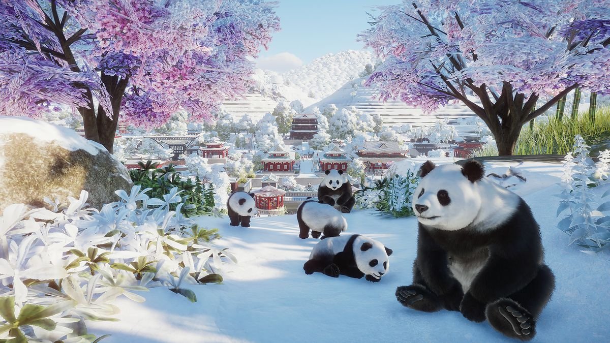 pandas in the snow in Planet Zoo