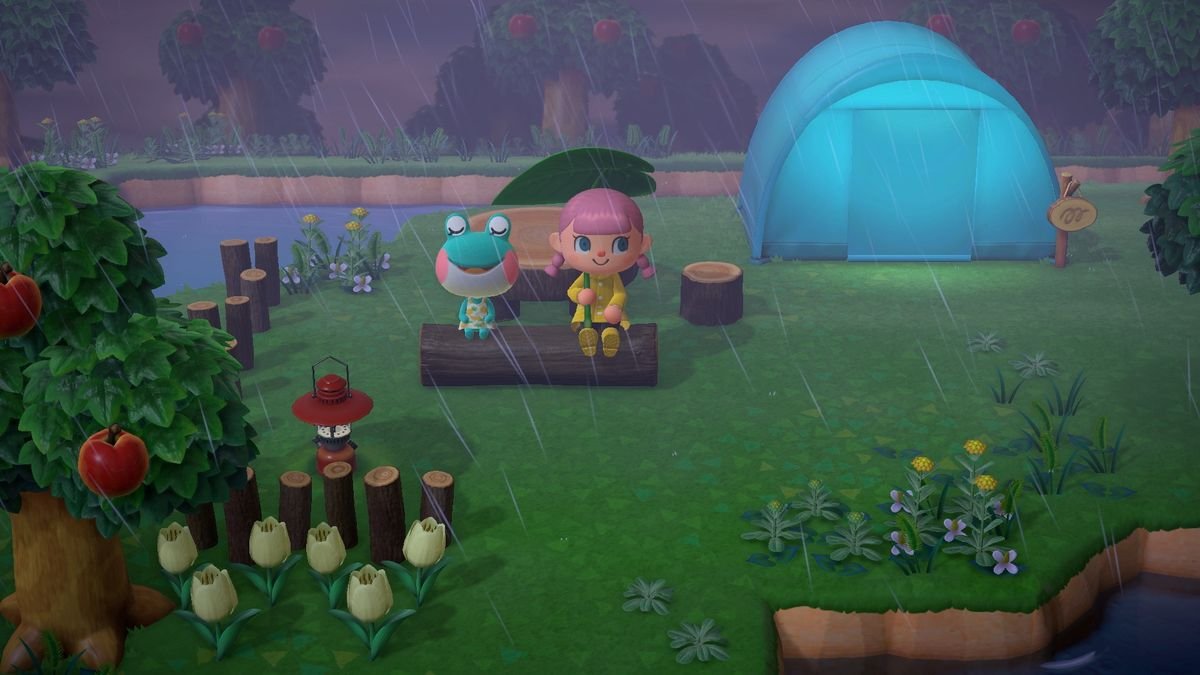a young pink-haired girl and a smiling frog enjoy the rain near a tent in Animal Crossing: New Horizons