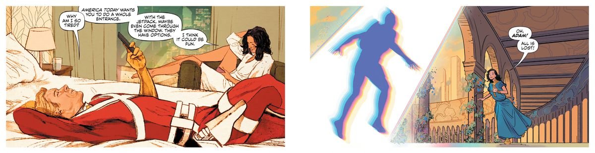 Adam Strange lies on a hotel bed in his costume and discusses an imminent talk show appearance with his wife, Alanna, drawn by Mitch Gerads. In the second panel, drawn by Evan “Doc” Shaner, he arrives on a ivy-grown balcony on Rann in the blur of a Zeta-Beam, Alanna dashing up to him shouting “Oh, Adam! All is lost!” in Strange Adventures #1, DC Comics (2020).