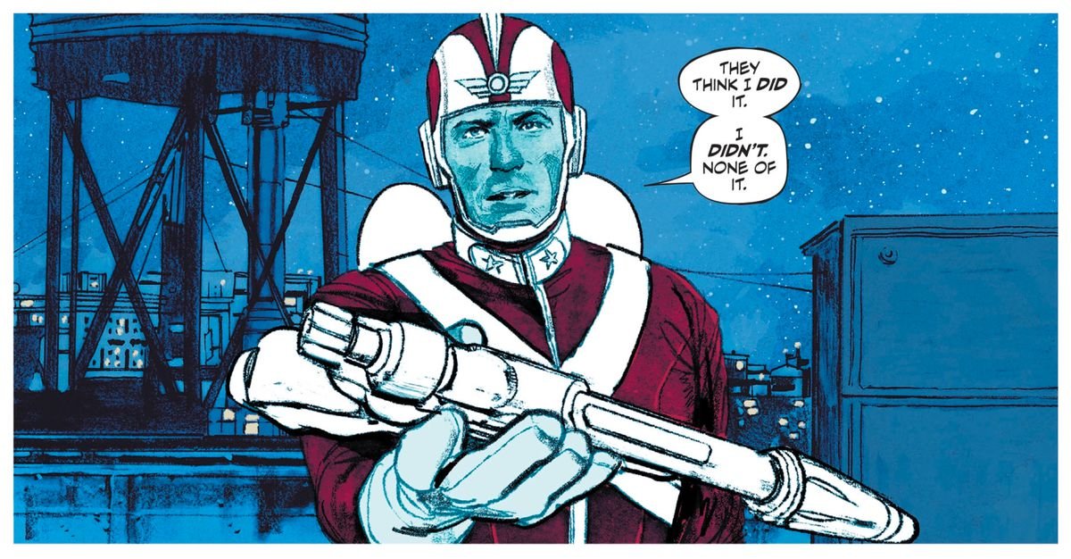 On a rooftop on a starry night, Adam Strange hands tries to hand his ray gun to Batman, saying “The think I did it. I didn’t. None of it,” in Strange Adventures #1, DC Comics (2020).