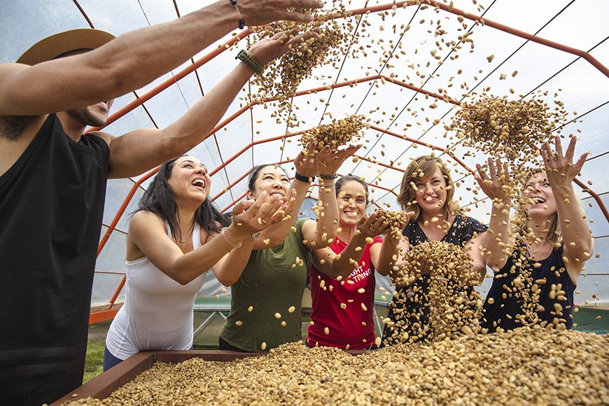 Costa Rica tour G Adventures group throwing coffee with CEO