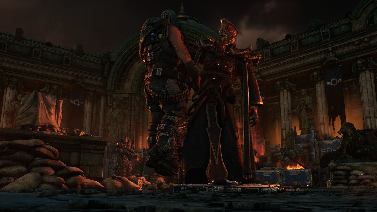 A locust leader holds a COG soldier by the throat near the end of act one of Gears Tactics