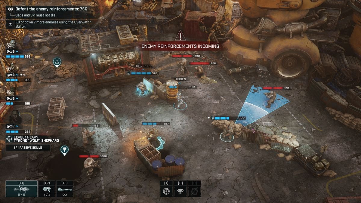 An early mission in Gears Tactics asks players to defend a group of civilians on a broken down emulsion mining rig. Here a team of four COGs makes a desperate last stand, back to back outside the rig.