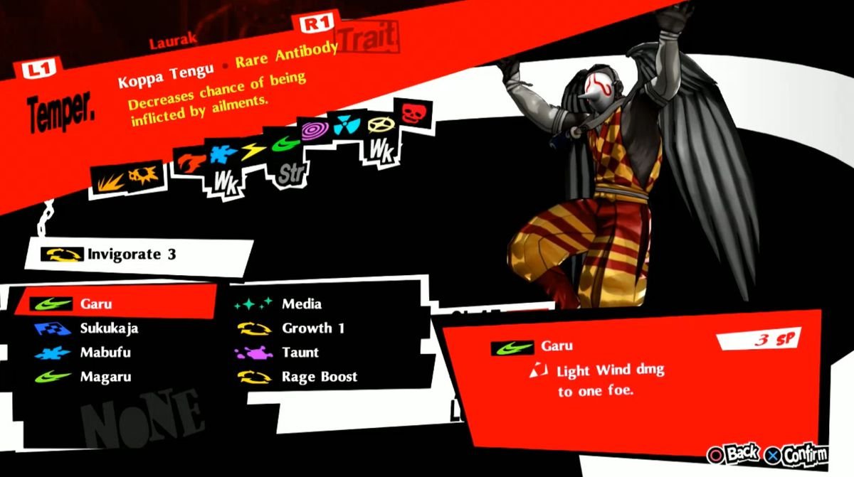 Persona 5 Royal’s new persona stat screen, which includes their new innate trait, as well as their skills.