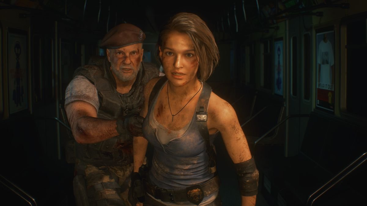 A shot of Jill Valentine and Mikhail Viktor in a subway car from Resident Evil 3 remake