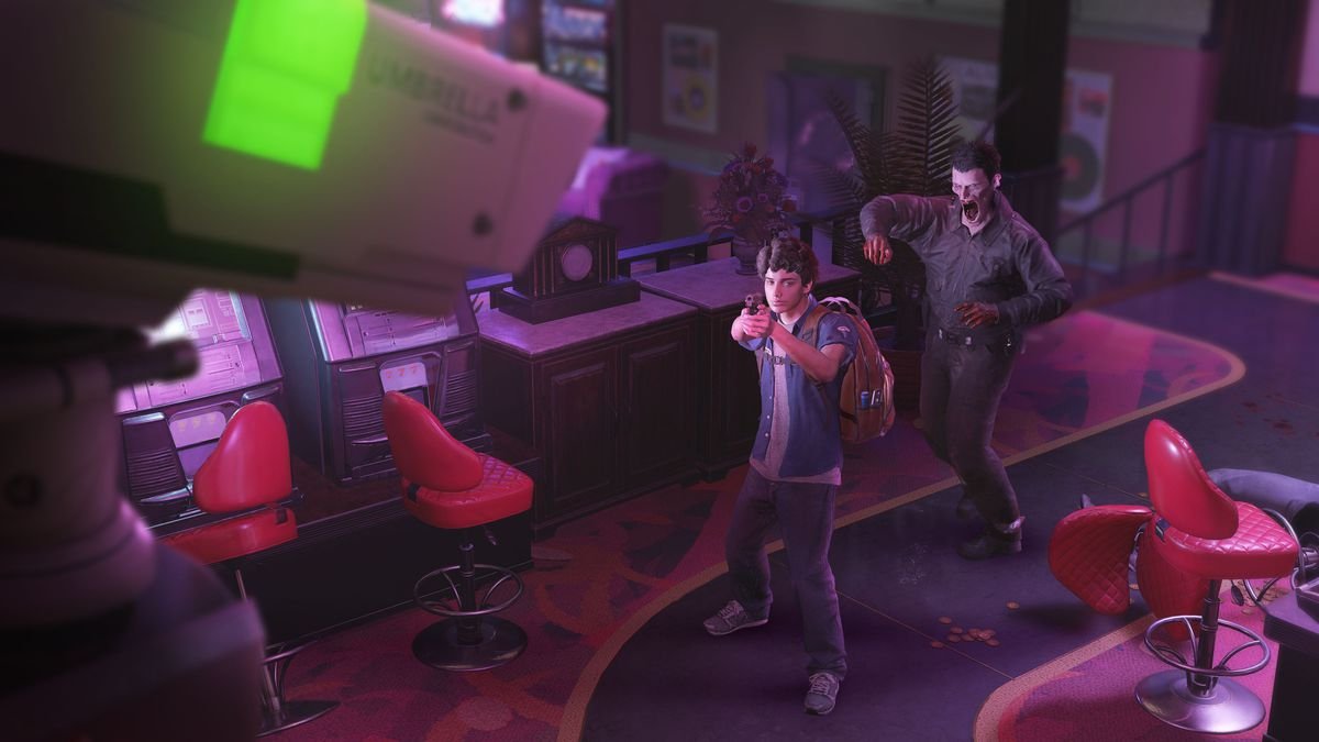 A survivor, Martin, aims his pistol at a security camera while a zombie approaches in a screenshot from Resident Evil Resistance