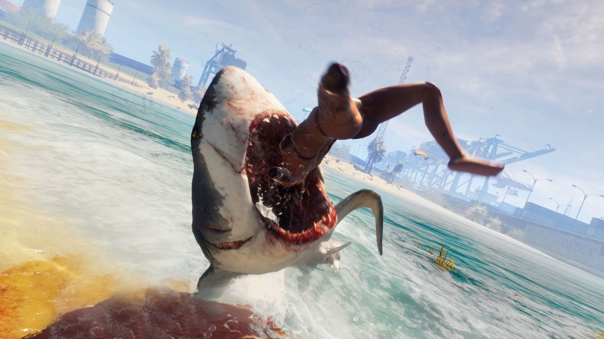 a shark leaping above the surface to consume a human, with an urban environment in the background