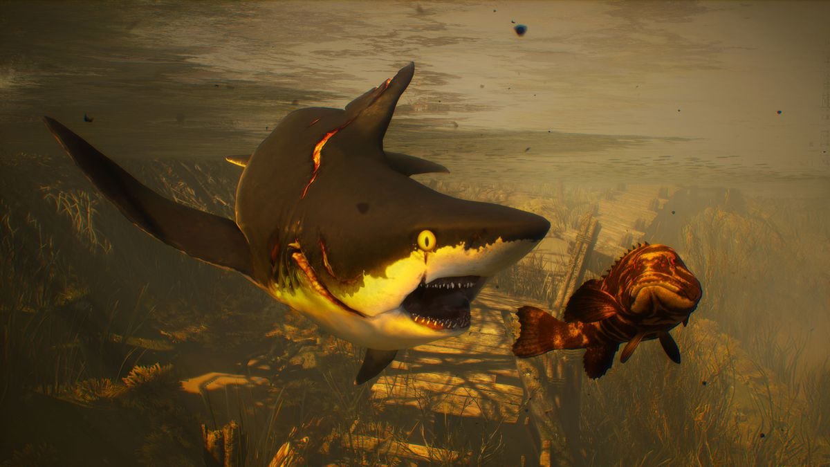 a wounded shark chasing a large fish in Maneater