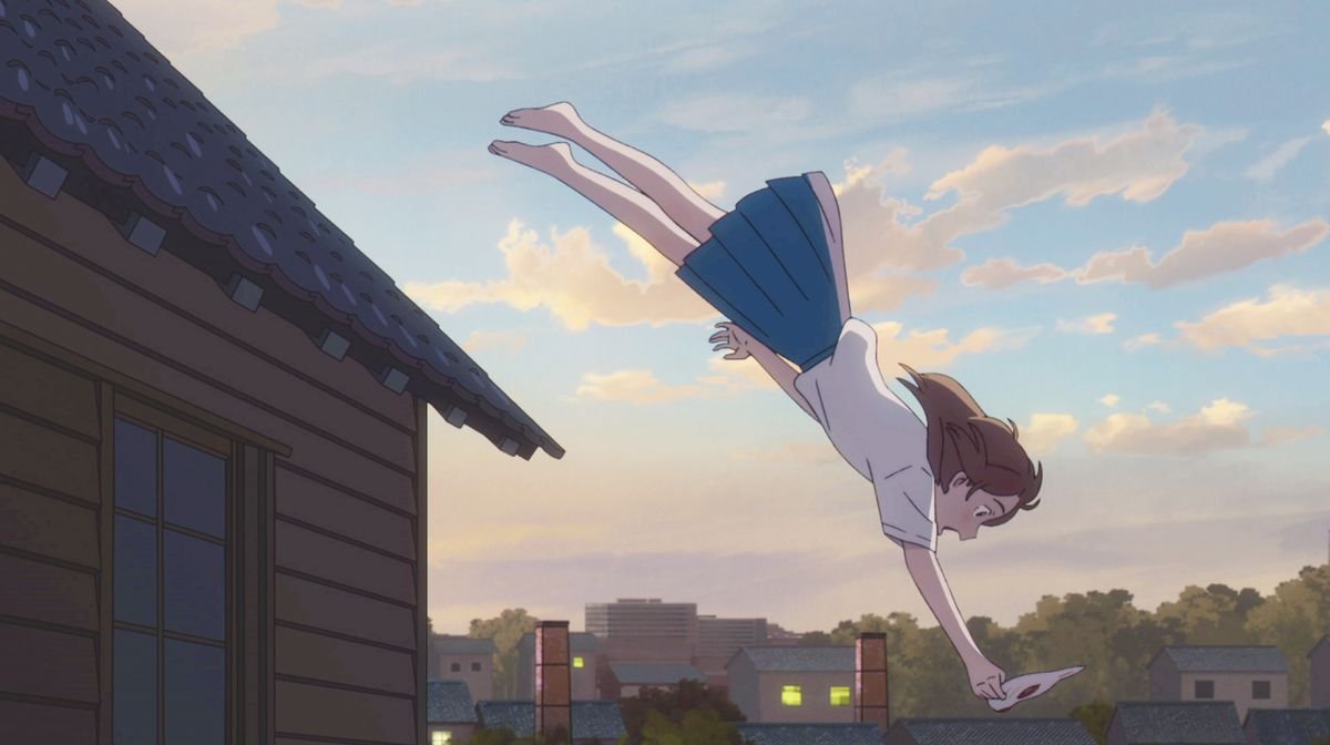 a girl holding a cat mask jumps from a roof