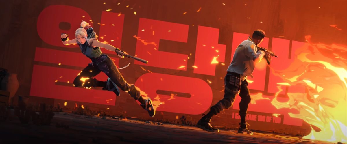 A still from Valorant’s first cinematic trailer with Jett dashing past Phoenix