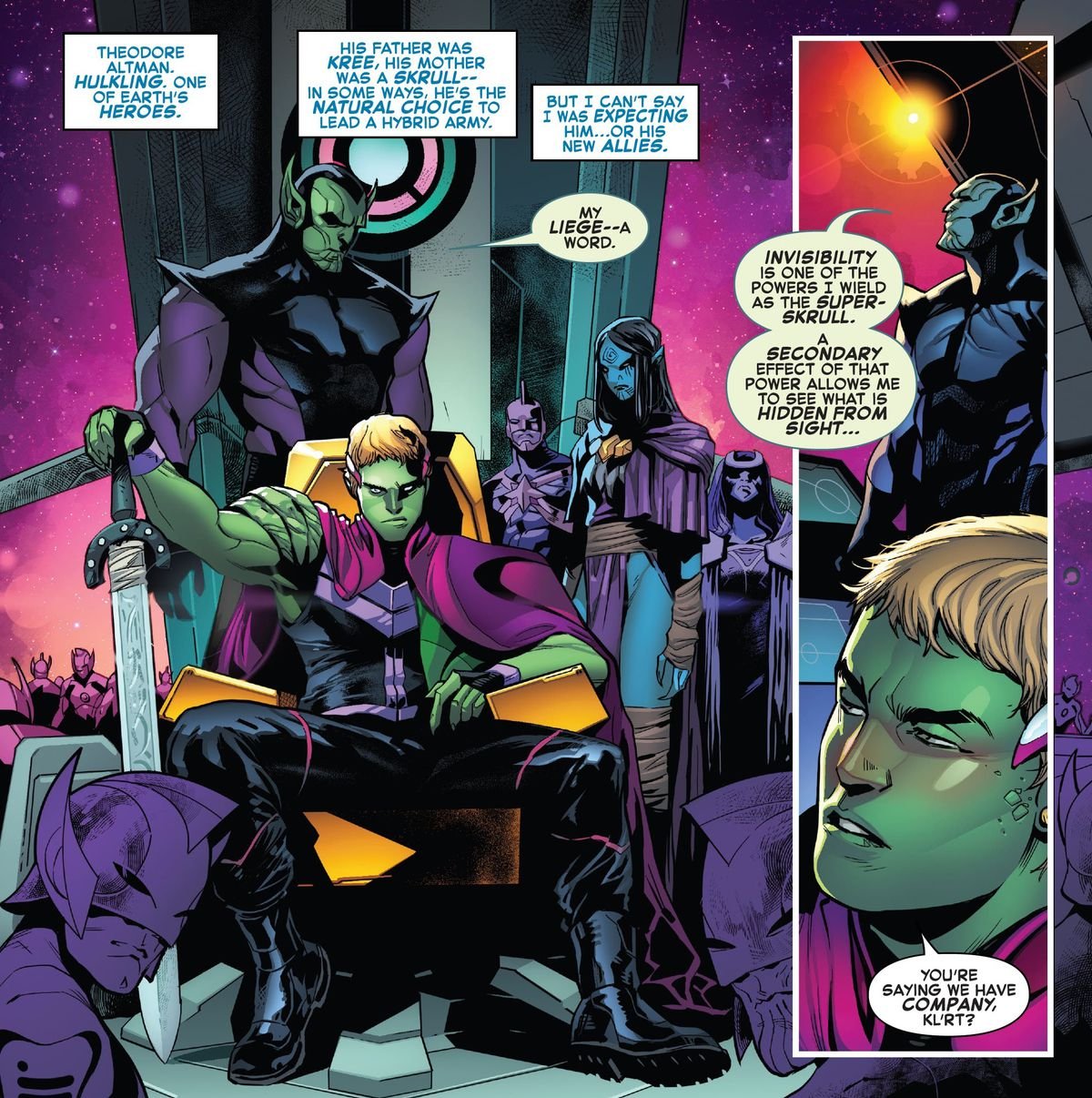 Teddy Altman/Hulkling/Emperor Dorrek VIII on his throne in the Kree/Skrull flagship, in Empyre #1, Marvel Comics (2020).