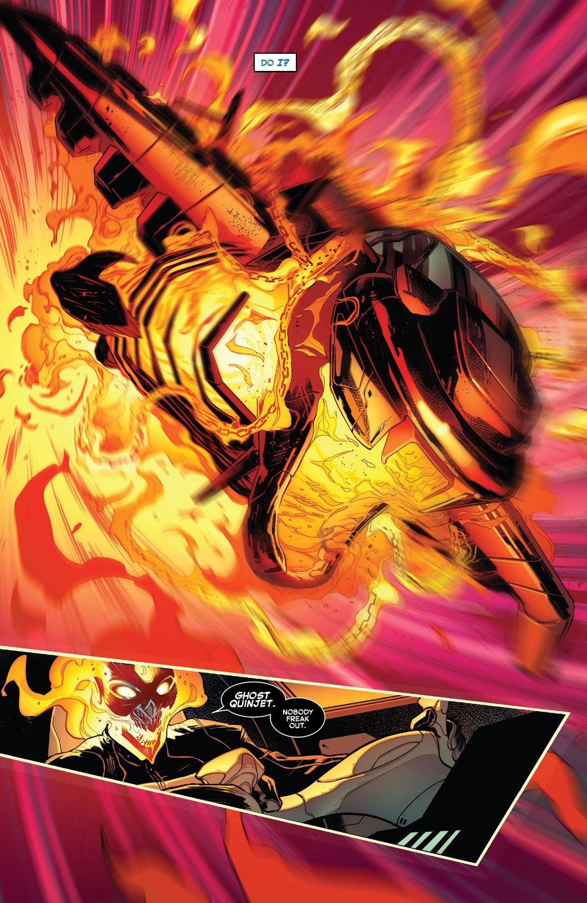 An Avengers quinjet bursts into demonic flame as Ghost Rider takes the helm. “Ghost quinjet,” he says, “Nobody freak out,” in Empyre #1, Marvel Comics (2020). 