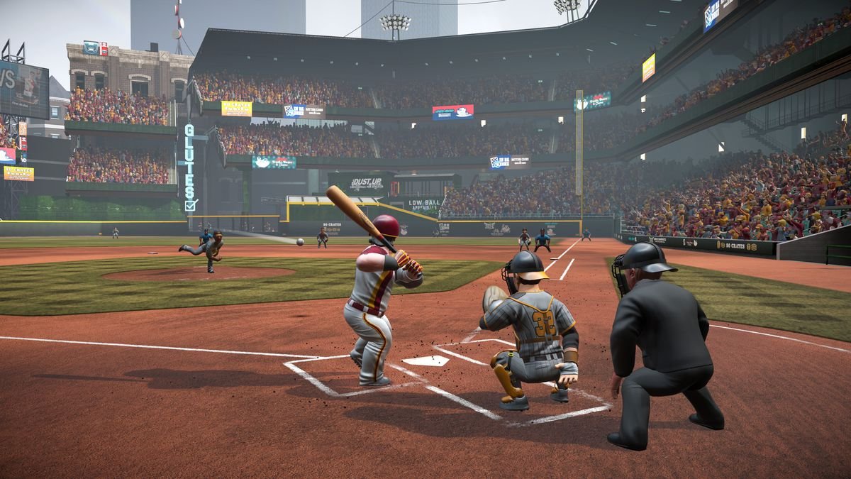 a view from behind home plate, on the left side looking down the right-field line, of a pitch in midflight in Super Mega Baseball 3
