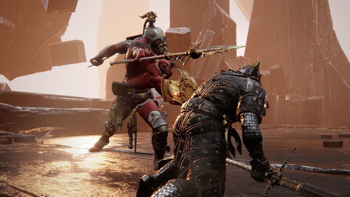 A warrior in armor dodges a thrusted spear from a red, bearded enemy