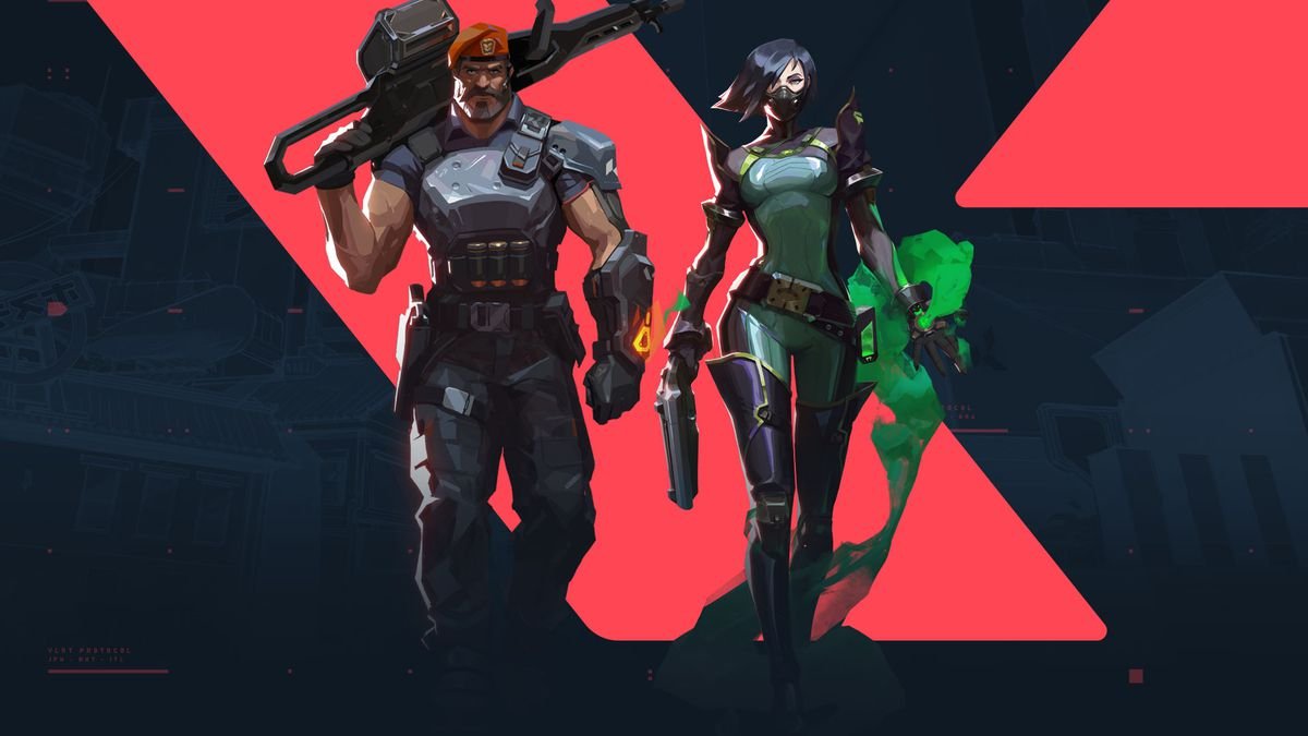 artwork of Viper and Brimstone from Valorant walking toward the camera with the game’s logo in the background