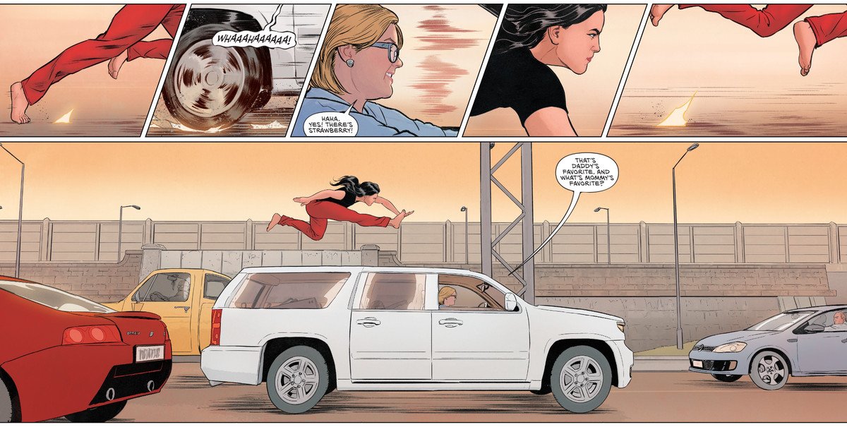 Running barefoot, Wonder Woman catches up to a speeding SUV driven by a mind-controlled woman and leaps onto its roof in Wonder Woman #759, DC Comics (2020). 