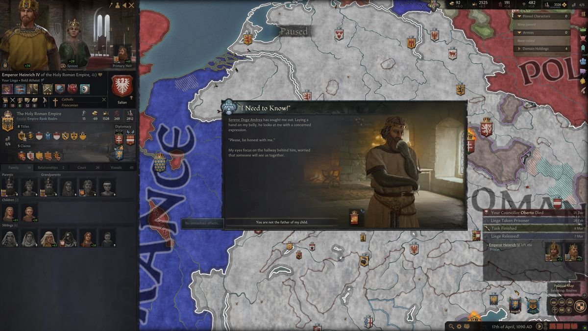 The king asks his queen if she will soon give birth to a bastard son.