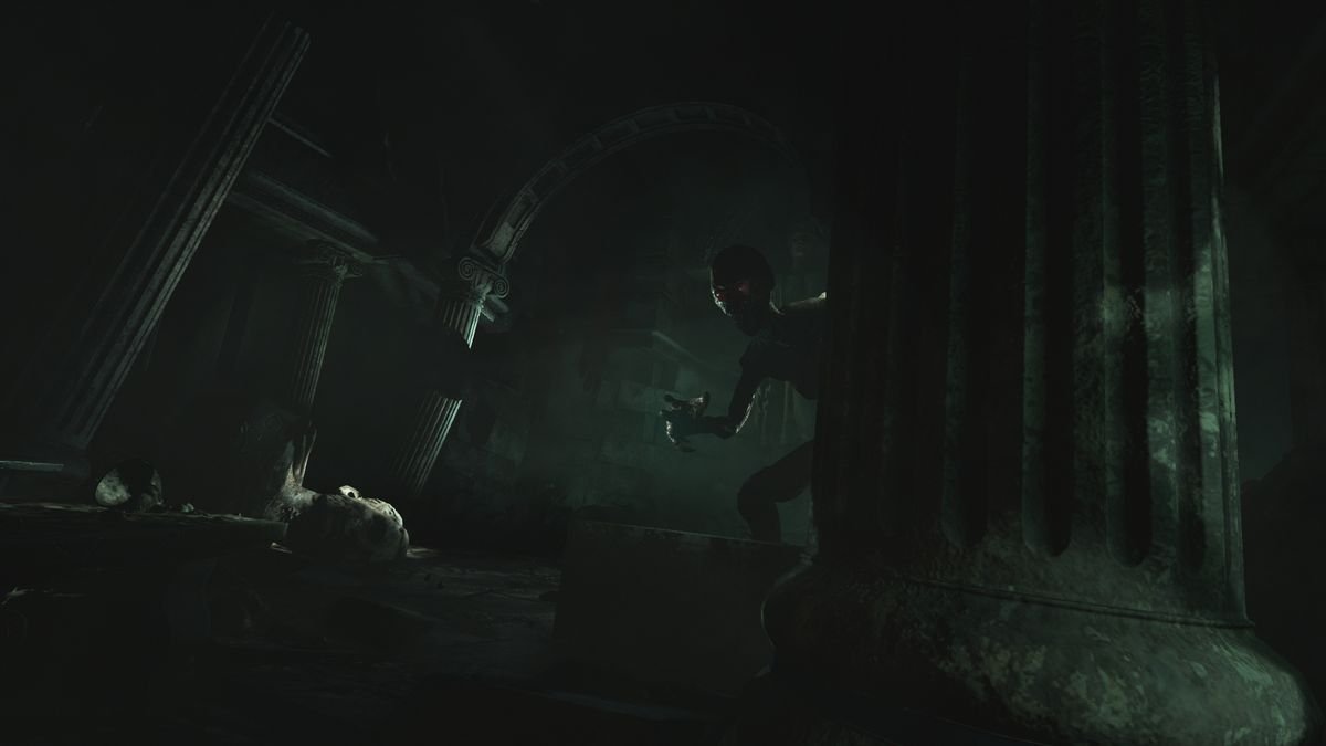 A creature appears in the dark in a screenshot from Amnesia: Rebirth