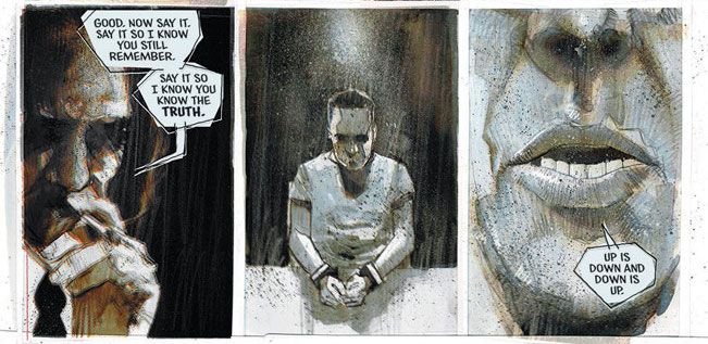 “Say it,” says a man smoking a cigarette, “Say it so I know you still remember.” A handcuffed man pauses, and then says “Up is down and down is up.” in The Department of Truth #1, Image Comics (2020).