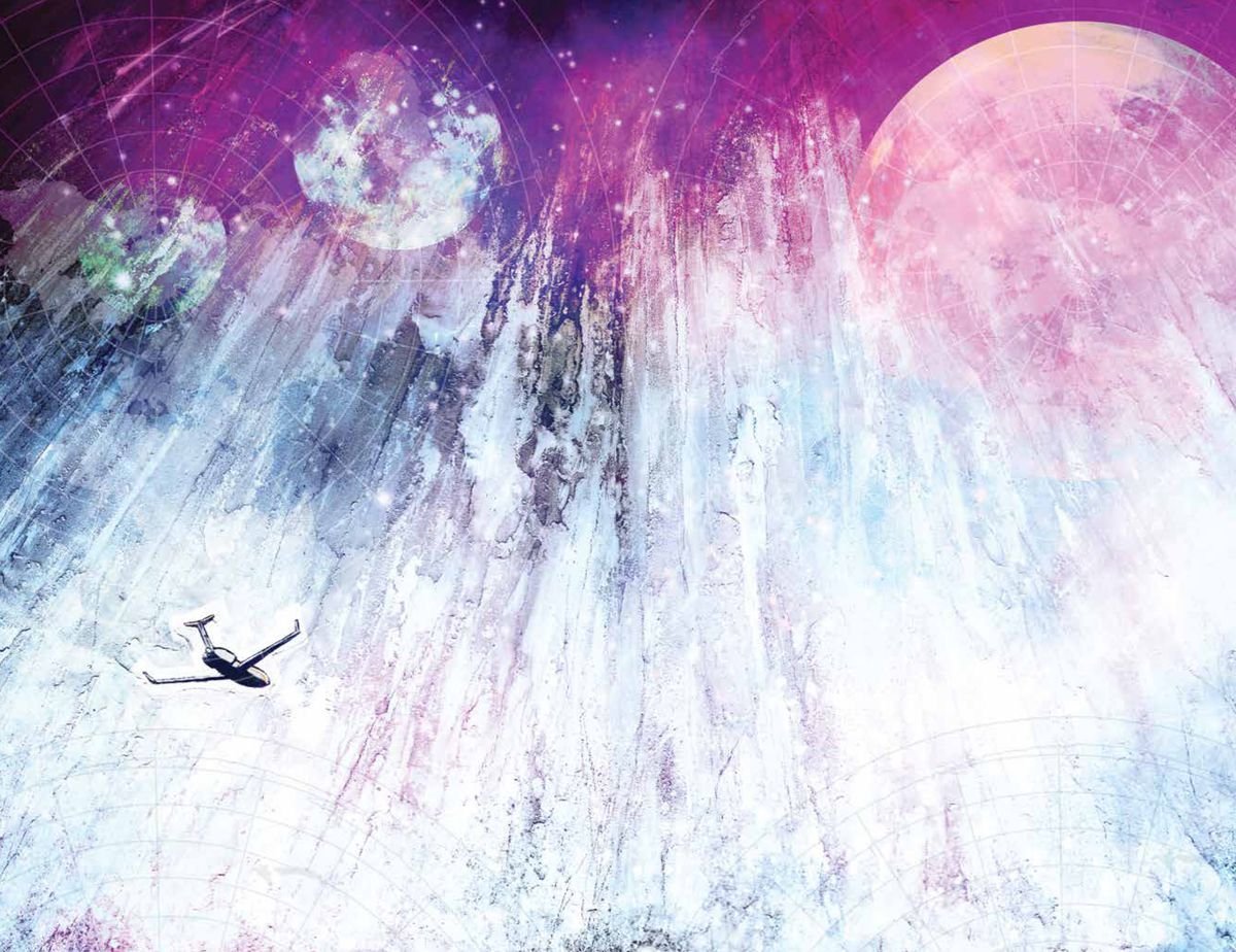 A tiny private plane soars through a vast abstract painted landscape, ringed with latitude and longitude spirals, in The Department of Truth #1, Image Comics (2020).