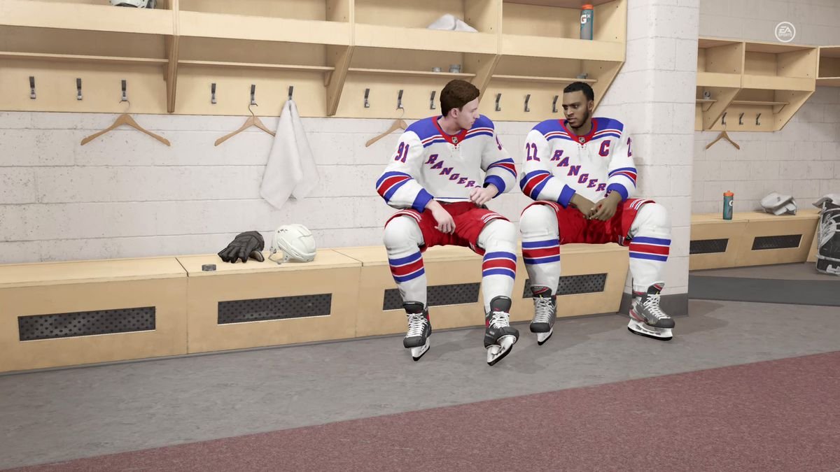 Vitali Kravtsov and Samit Sarkar of the New York Rangers sitting in a locker room in NHL 21’s Be a Pro