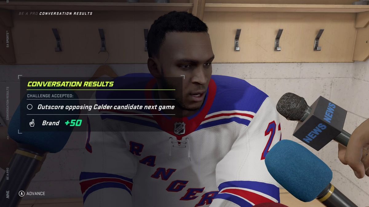 the player character in NHL 21’s Be a Pro in a media scrum, accepting a challenge to outscore the Calder Trophy candidate on the opposing team in the next game