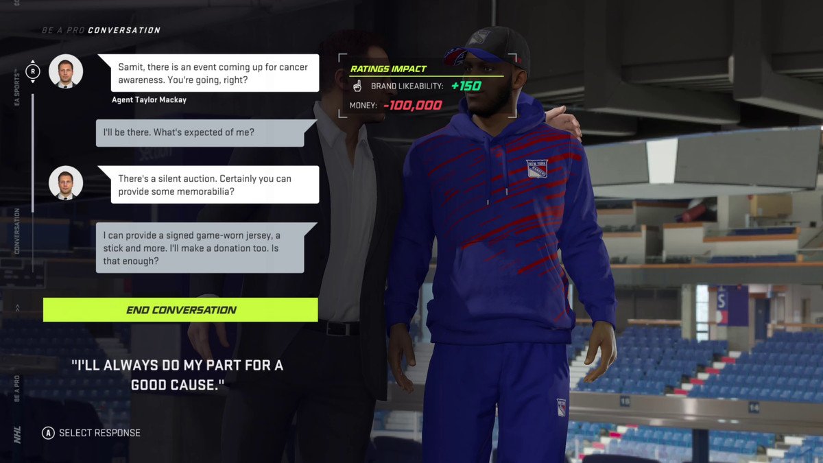 a conversation in NHL 21’s Be a Pro mode between New York Rangers player Samit Sarkar and his agent, Taylor Mackay, about attending an event for cancer awareness