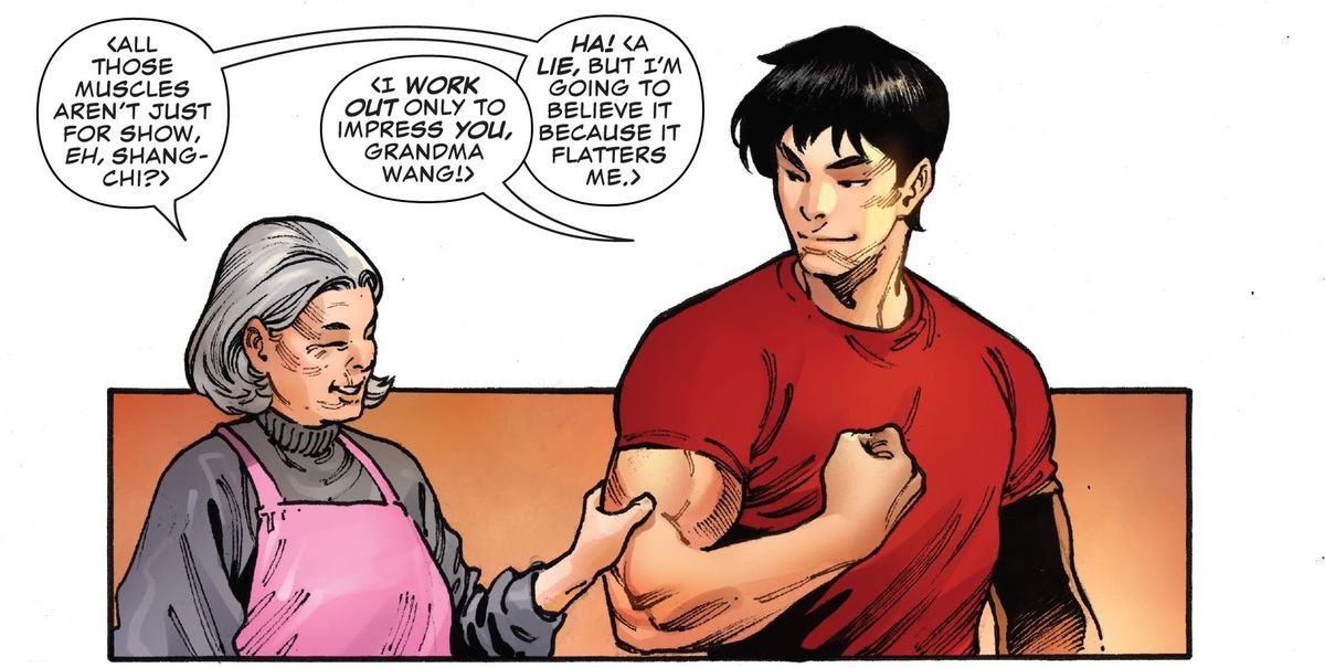 a chinese auntie complimenting shang-chi’s muscles in shang-ch #1 from Marvel (2020)