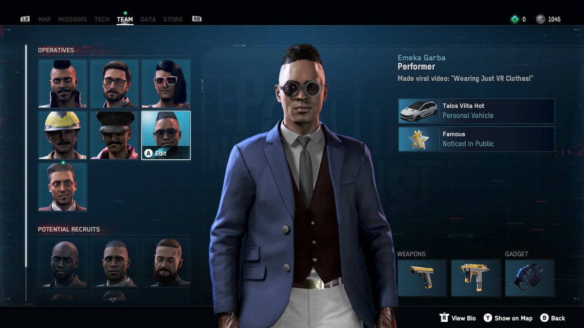 Screenshot of the team screen in Watch Dogs Legion showing an operative named Emeka Garba, weaing a blue blazer and navy vest over white pants.
