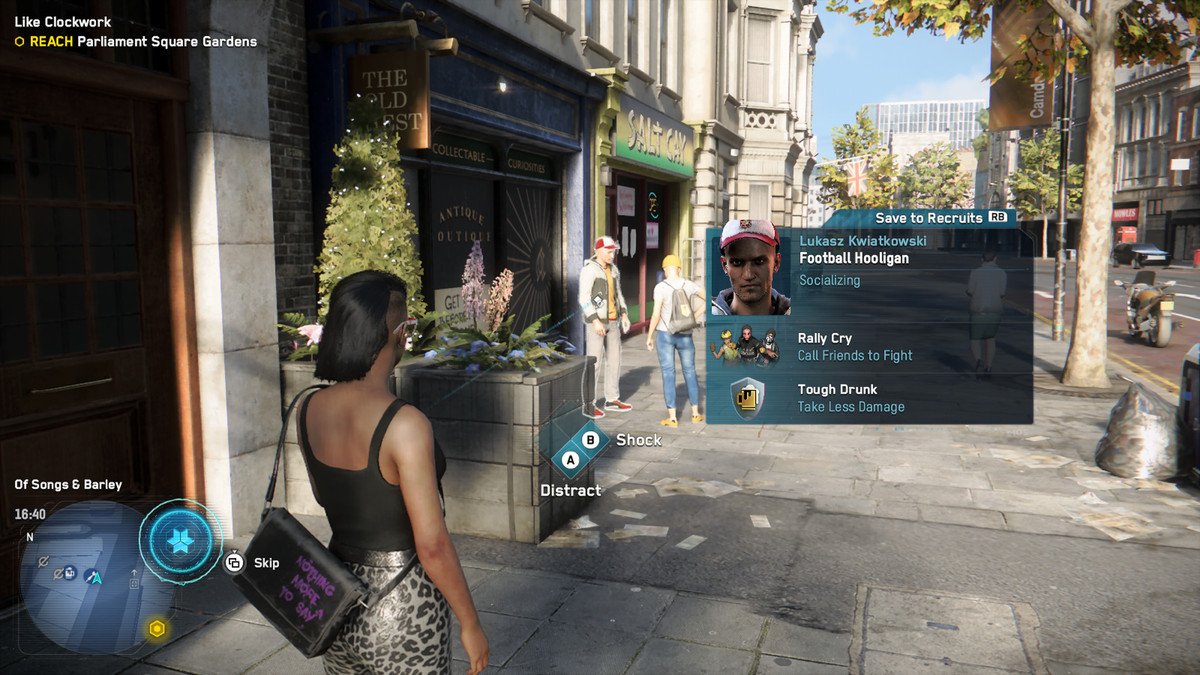 A DedSec operative with animal print pants and a red and blue courier bag scans a bystander, discovering he’s a soccer hooligan.