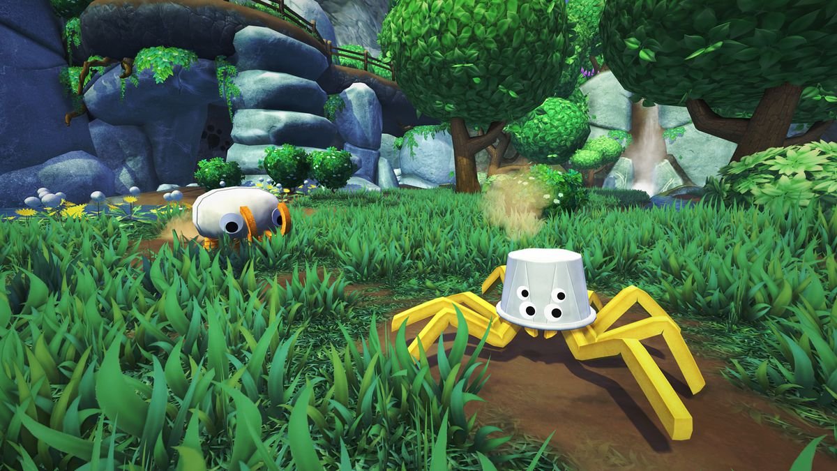 A paper-wrapped hamburger chases a spider, made of frenchfries, with a paper cup for a head.