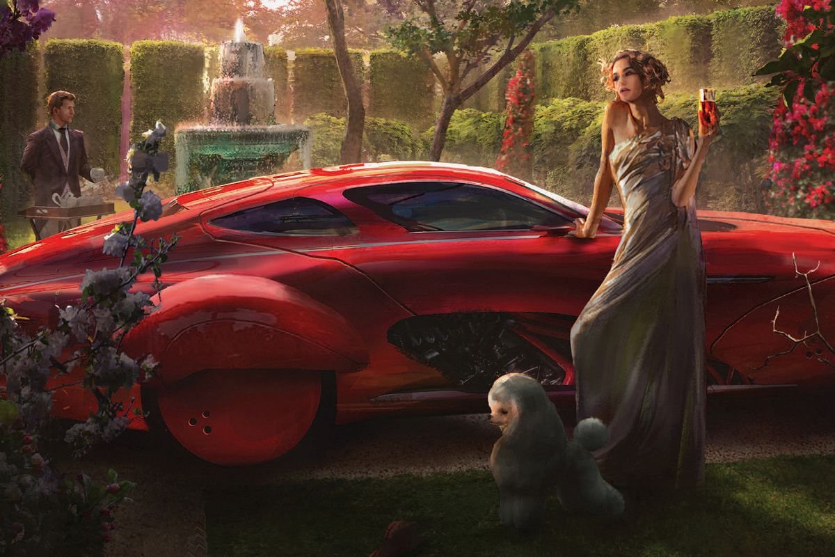 A woman in a lavish garden stands in front of a red car, her poodle in the foreground.