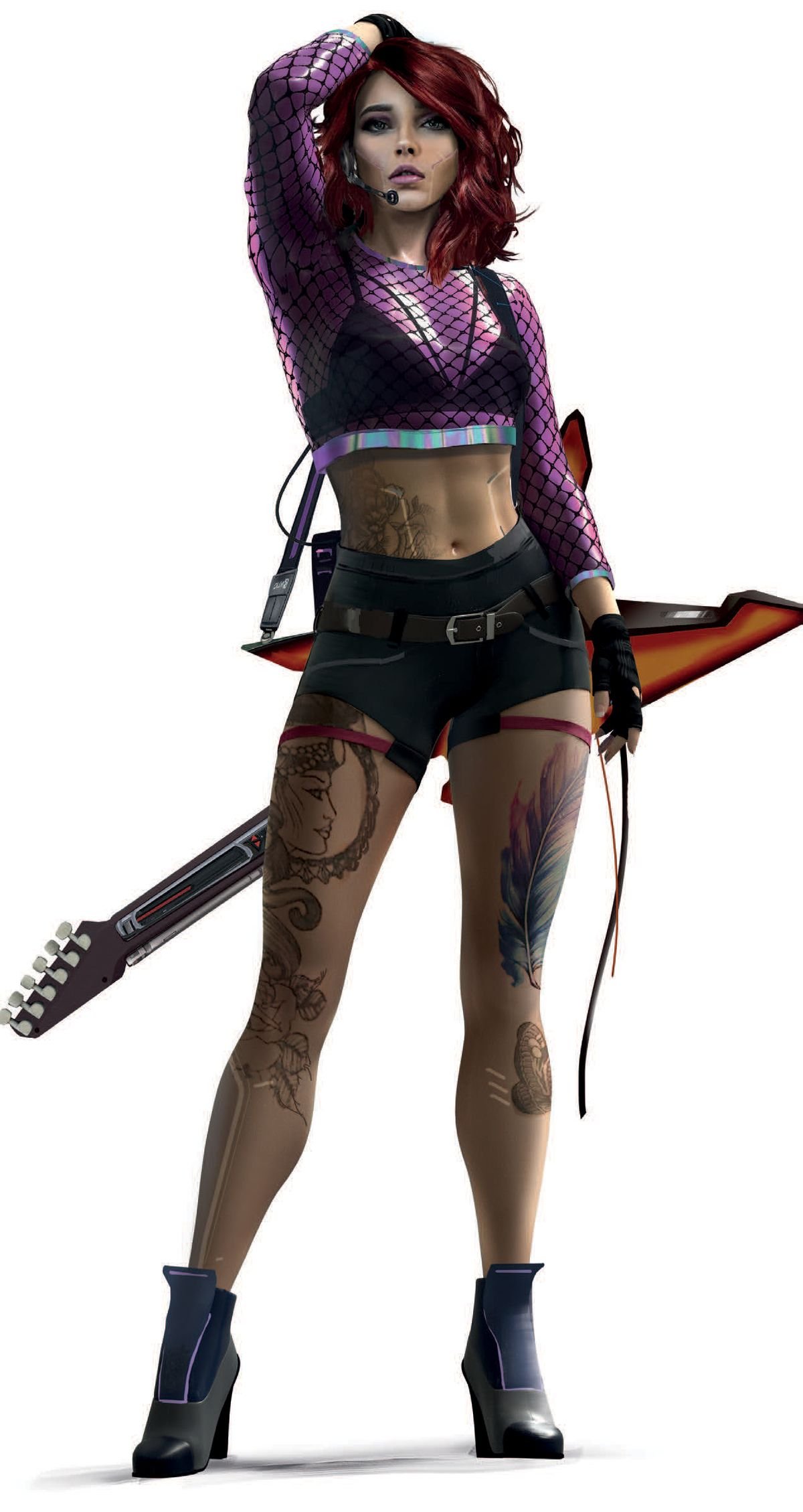 A tattooed woman with a guitar and a microphone headset.