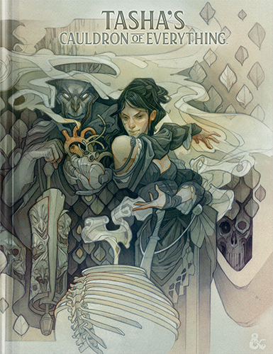 A pale beige cover, featuring Tasha casting spells over a bony cauldron.