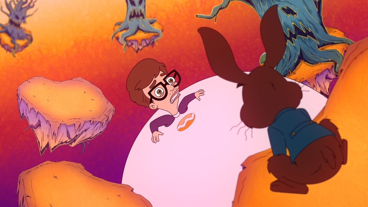 Andrew is halfway embedded in a white sphere in a surreal landscape full of floating islands and angry dead trees, as a rabbit in a blue coat watches him in season 4 of Big Mouth