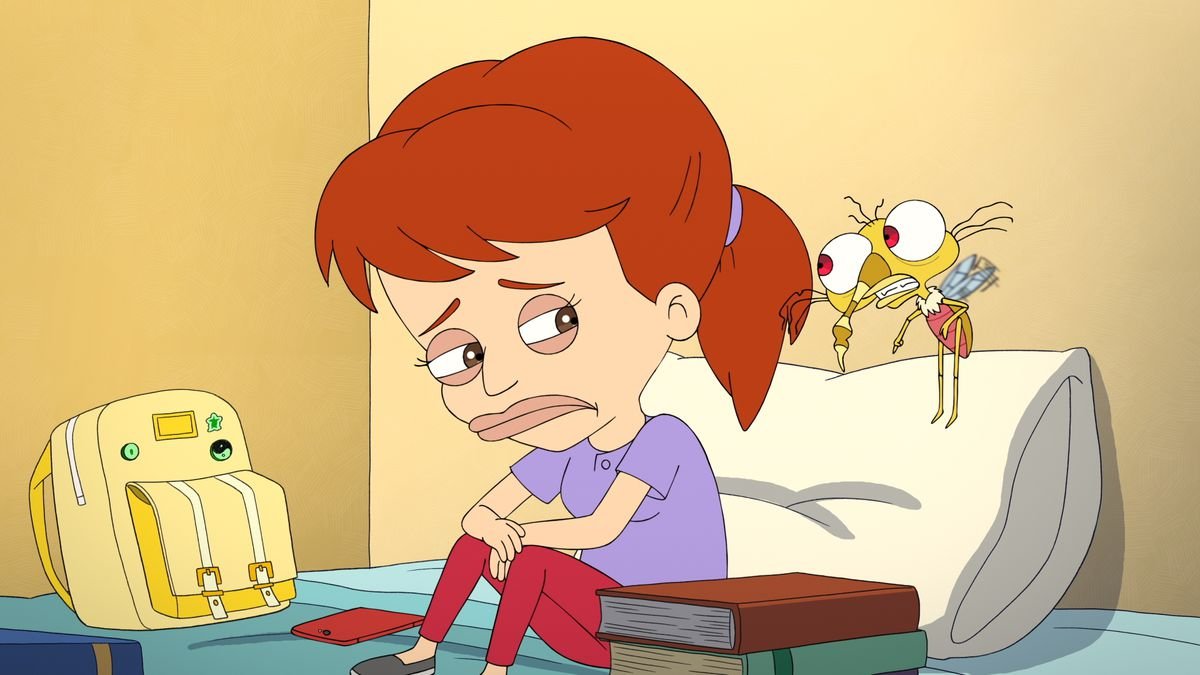 Jessi sits on her bed with her backpack, listening to Tito the Anxiety Mosquito in Big Mouth season 4