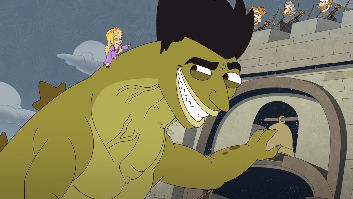Jayzilla looms over a castle wall, reaching for its bell, while his girlfriend guides him from atop his back in season 4 of Big Mouth