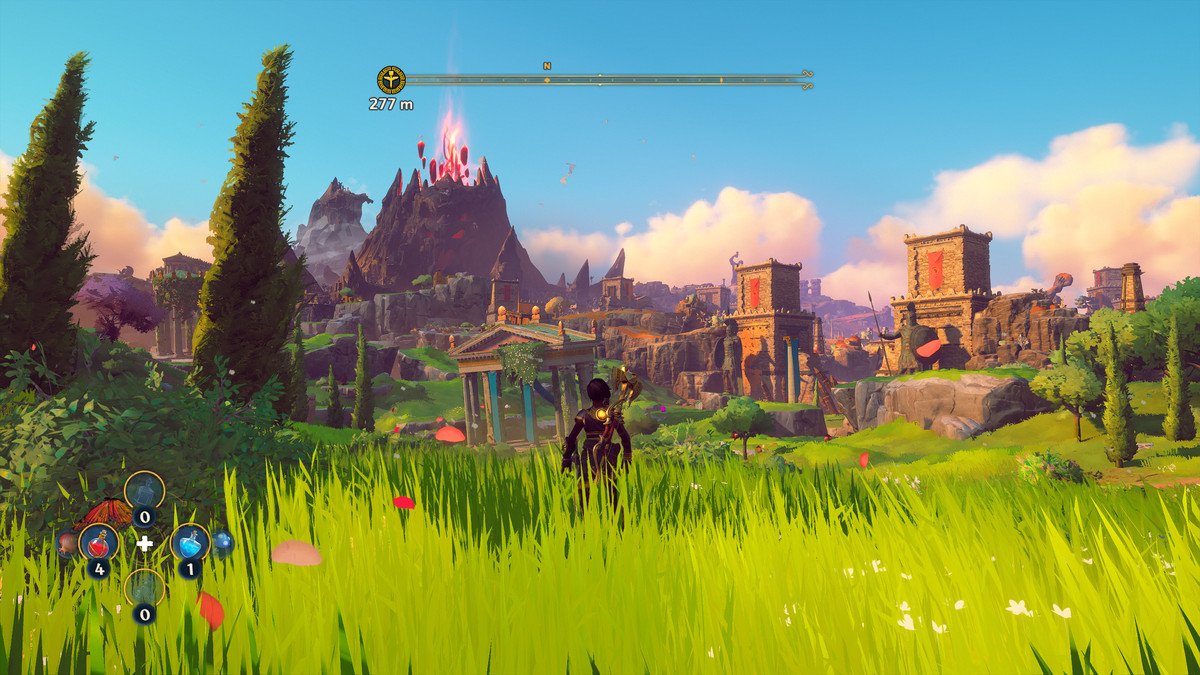 Fenyx stands in one of the grassy landscapes in Immortals Fenyx Rising
