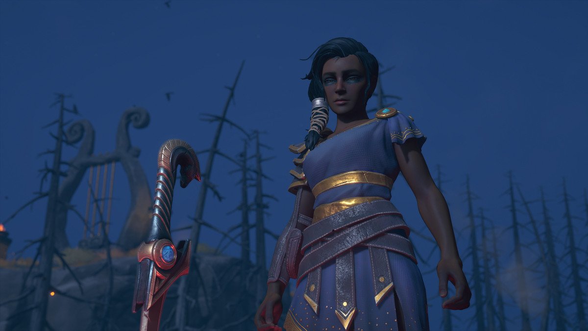 A woman looks down at a sword in Immortals Fenyx Rising