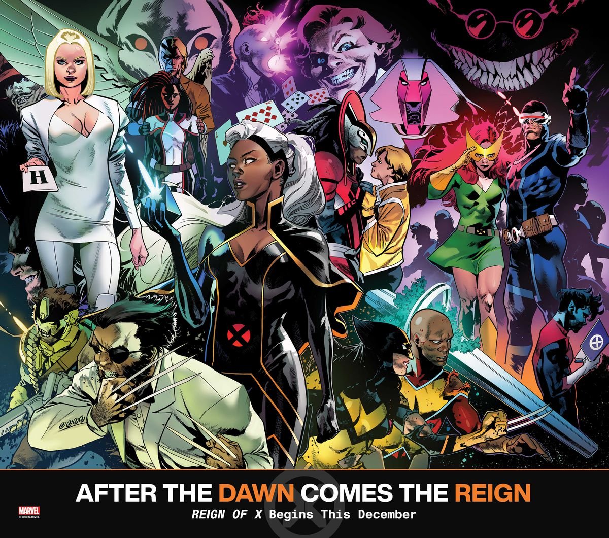 A Marvel promotional collage of dozens of X-Men heroes and villains, from Storm and Mr. Patch to Nimrod and Cyclops, for Reign of X (2020).