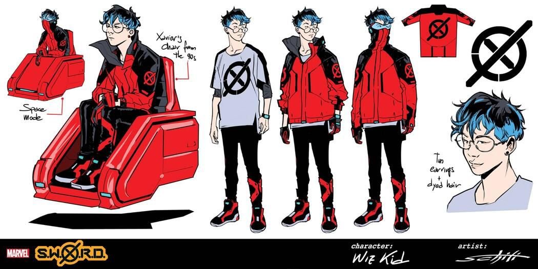 Character designs for Wiz-Kid, who wears black and red pants, and a red and black jacket with a high zip collar over a loose white and black t-shirt. He wears classes, earrings, dark blue hair, and uses a red, hovering wheelchair.
