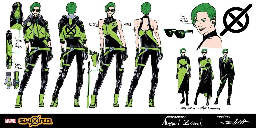 Character designs for Abigail Brand, who wears a tight green an black unitard, with green boots and a black and green jacket and sunglasses. Her hair and lipstick are, likewise, green.