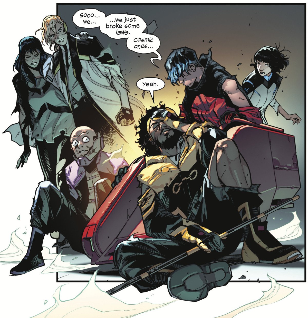 (LtR) Risque, Fabian Cortez, Peeper, Manifold, Wiz-Kid, and Armor collapse. “Sooo... we... ...we just broke some laws. Cosmic ones...” groans Wiz-Kid. “Yeah,” grouses Manifold, in SWORD #1, Marvel Comics (2020). 