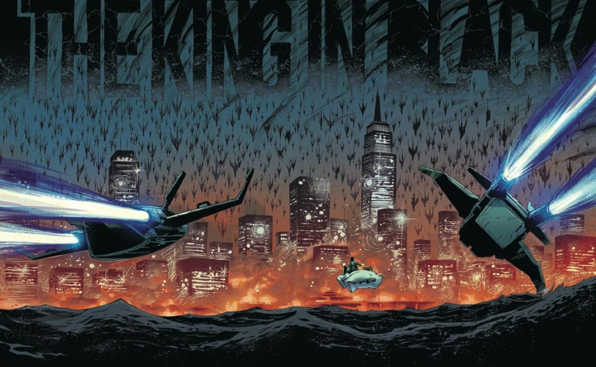 Avengers quinjets and the Fantasticar sweep over the Hudson river towards Manhattan as an army of symbiote dragons divebomb out of the skies and into its streets, in King in Black #1, Marvel Comics (2020). 