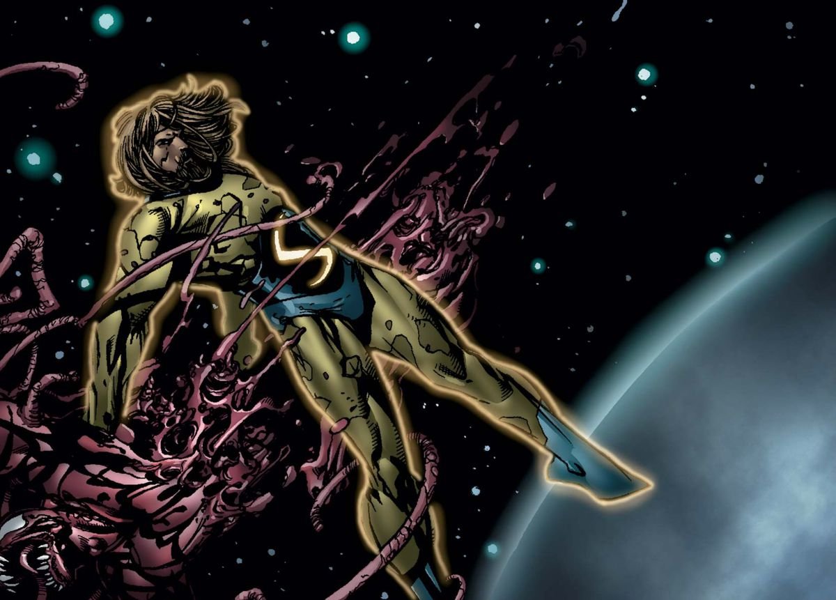 The Sentry tears Carnage in half while floating in orbit around the earth, in New Avengers #2, Marvel Comics (2004).