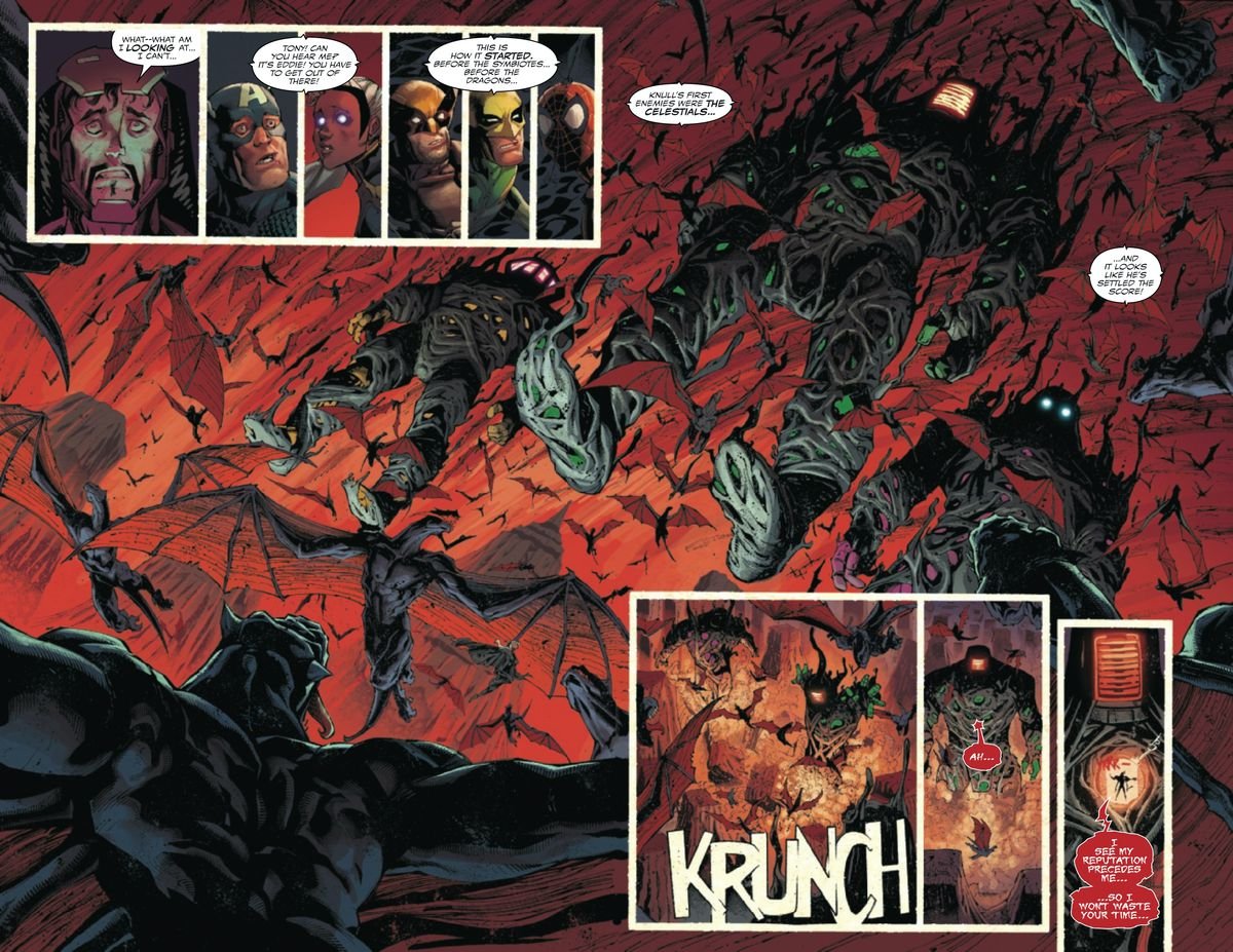 A trio of huge Symbiote-merged Celestials descends on New York City amid a swarm of symbiote dragons as the Avengers and X-Men look on in dismay, in King in Black #1, Marvel Comics (2020). 