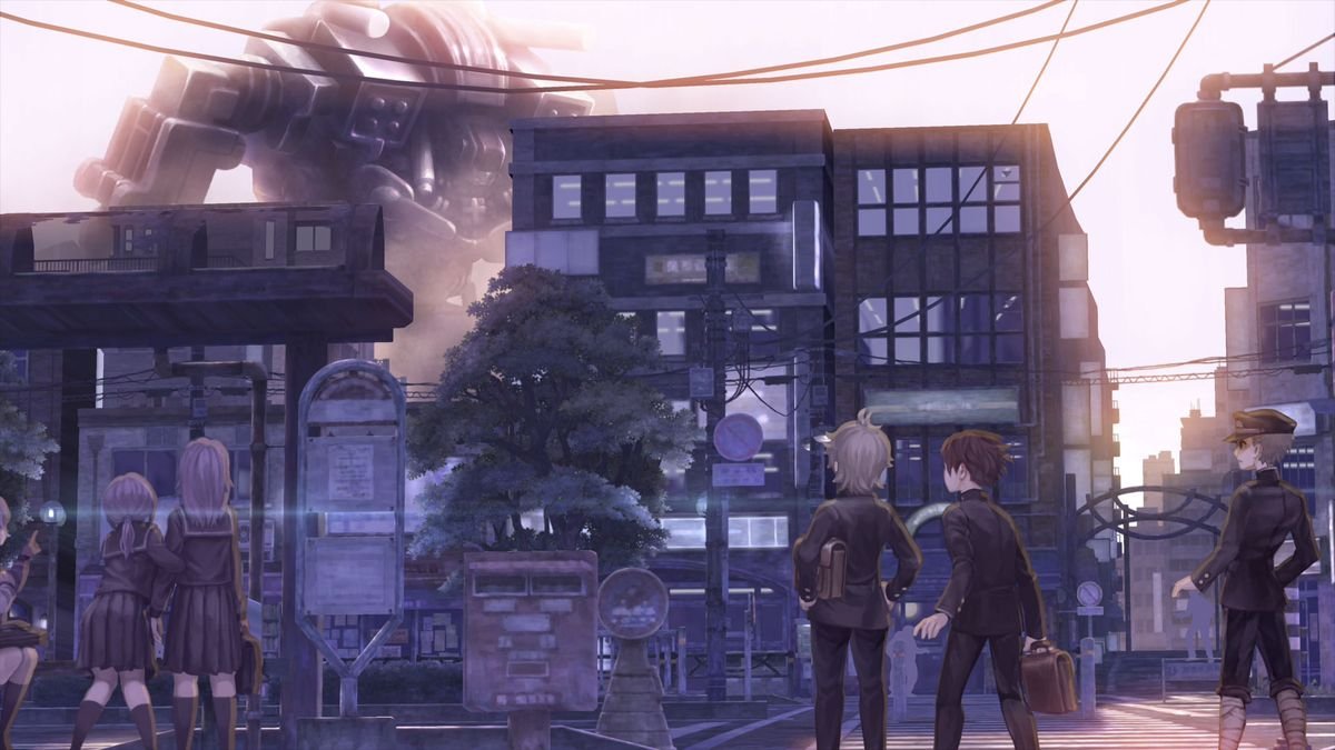 a bunch of young people stare at a mech off in the distance in 13 Sentinels: Aegis Rim