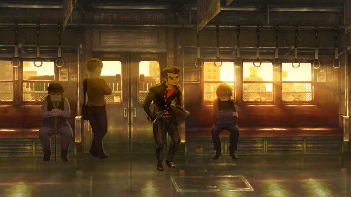 four people riding the subway in 13 Sentinels: Aegis Rim