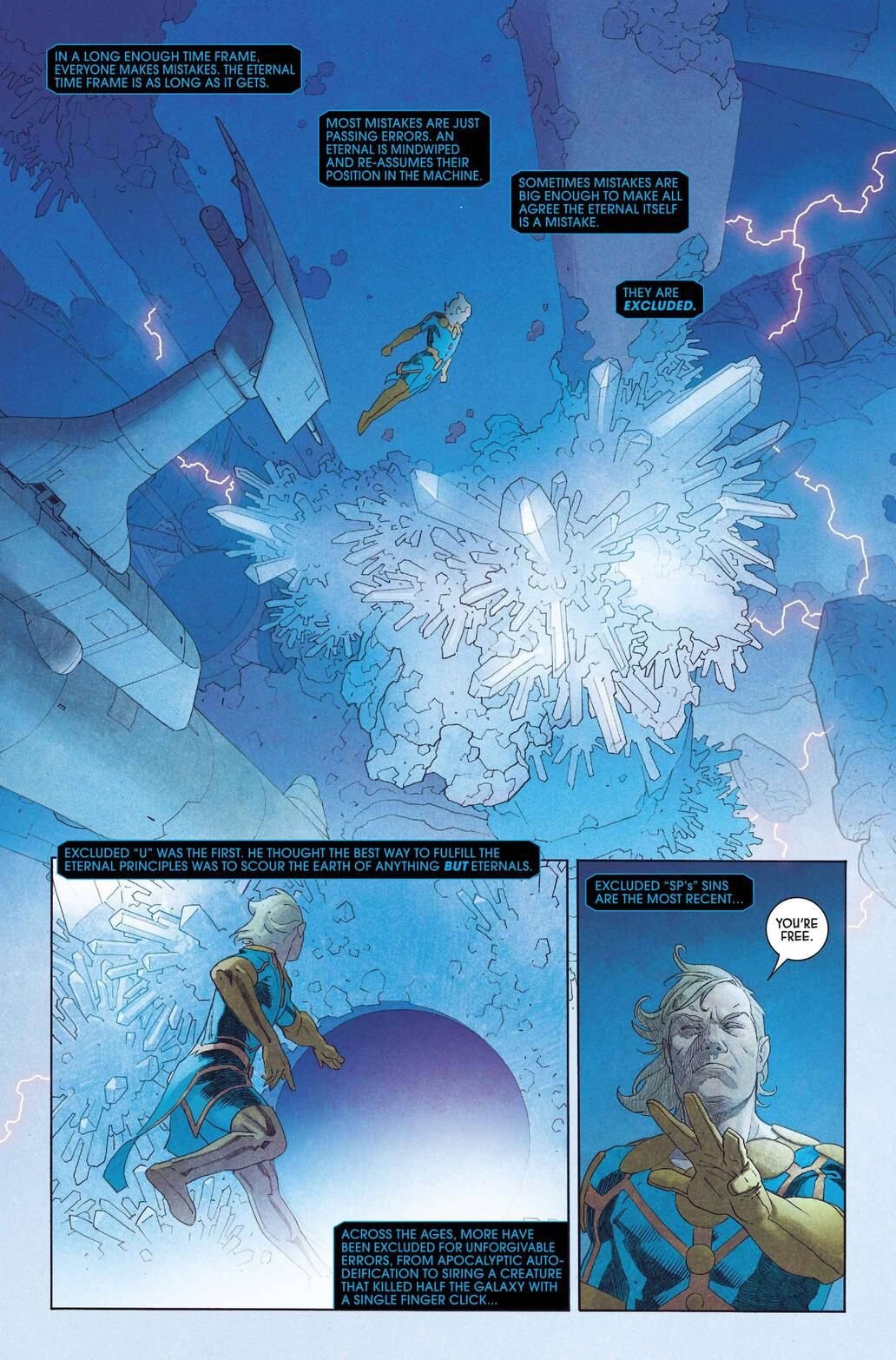 Ikaris flies around a cave of underground crystals