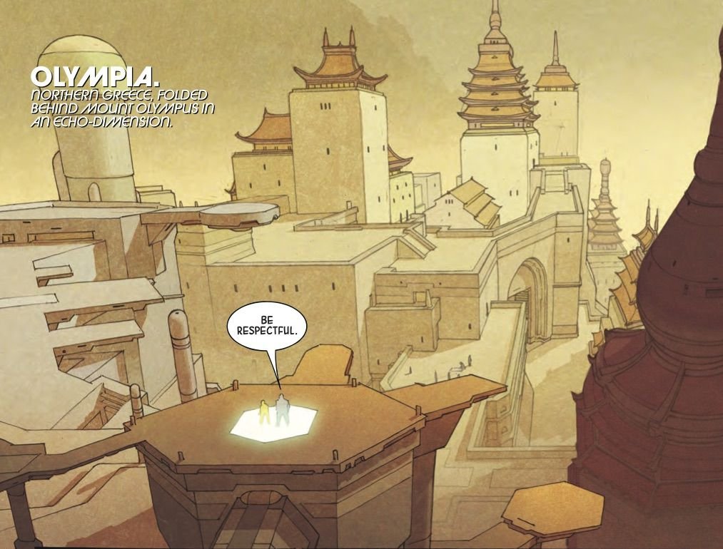 Eternals #1: Olympia in wide, looking like a sunbaked Greece
